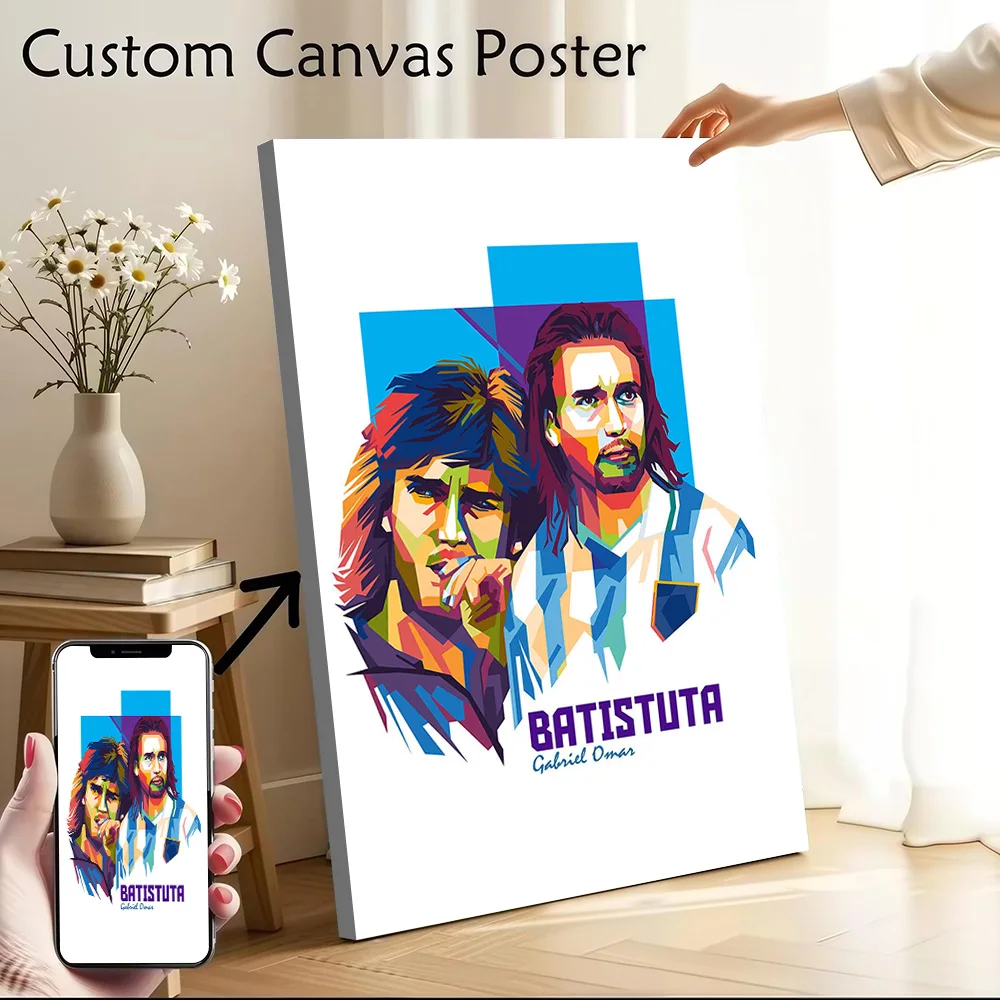 Pôster Retrato Pop Art Batistuta Personalizável, Pintura em Tela Impressa para Decoração de Interiores e Arte de Parede