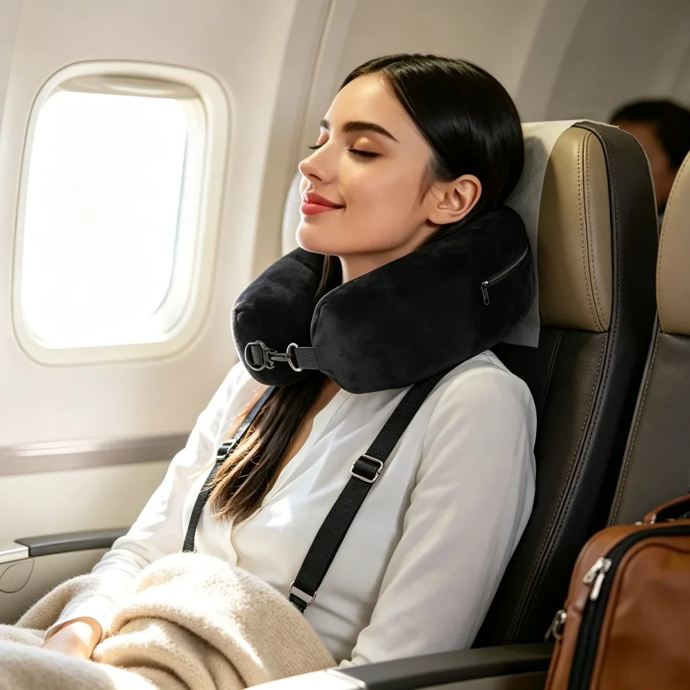U Shaped Travel Neck Pillow with Fillable Clothing Cover Velvet Pillowcase Extra Storage Bag for Airplane Long Trip Rest Support