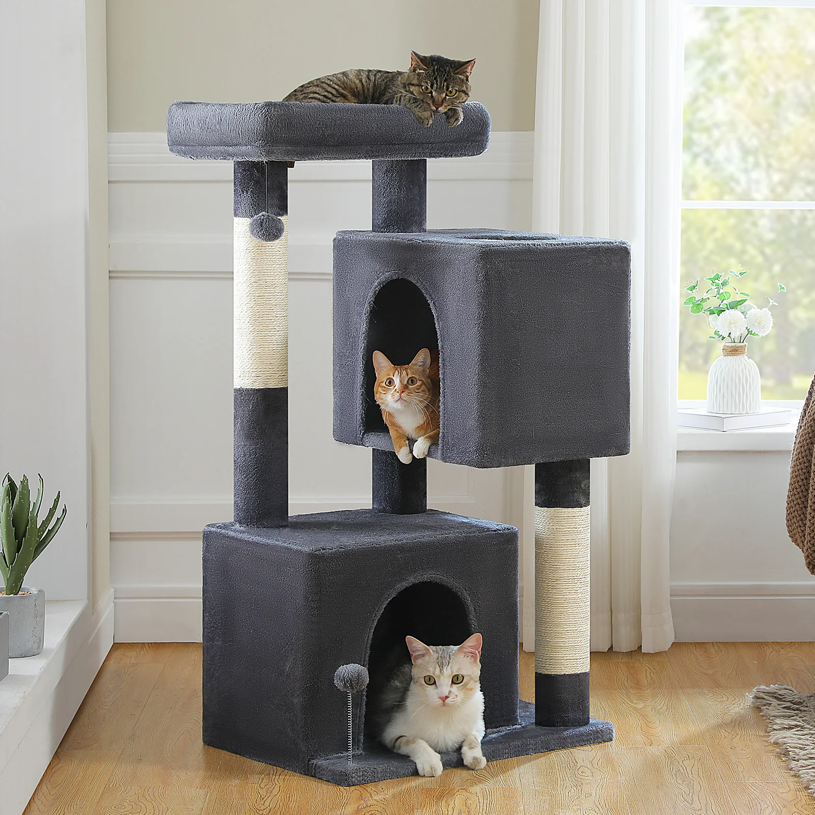 

110CM Cat Tree with Scratching Post Interactive Ball Spacious Caves Multi-Level Cat Tower Large Cat Condos for Indoor Cat Toys