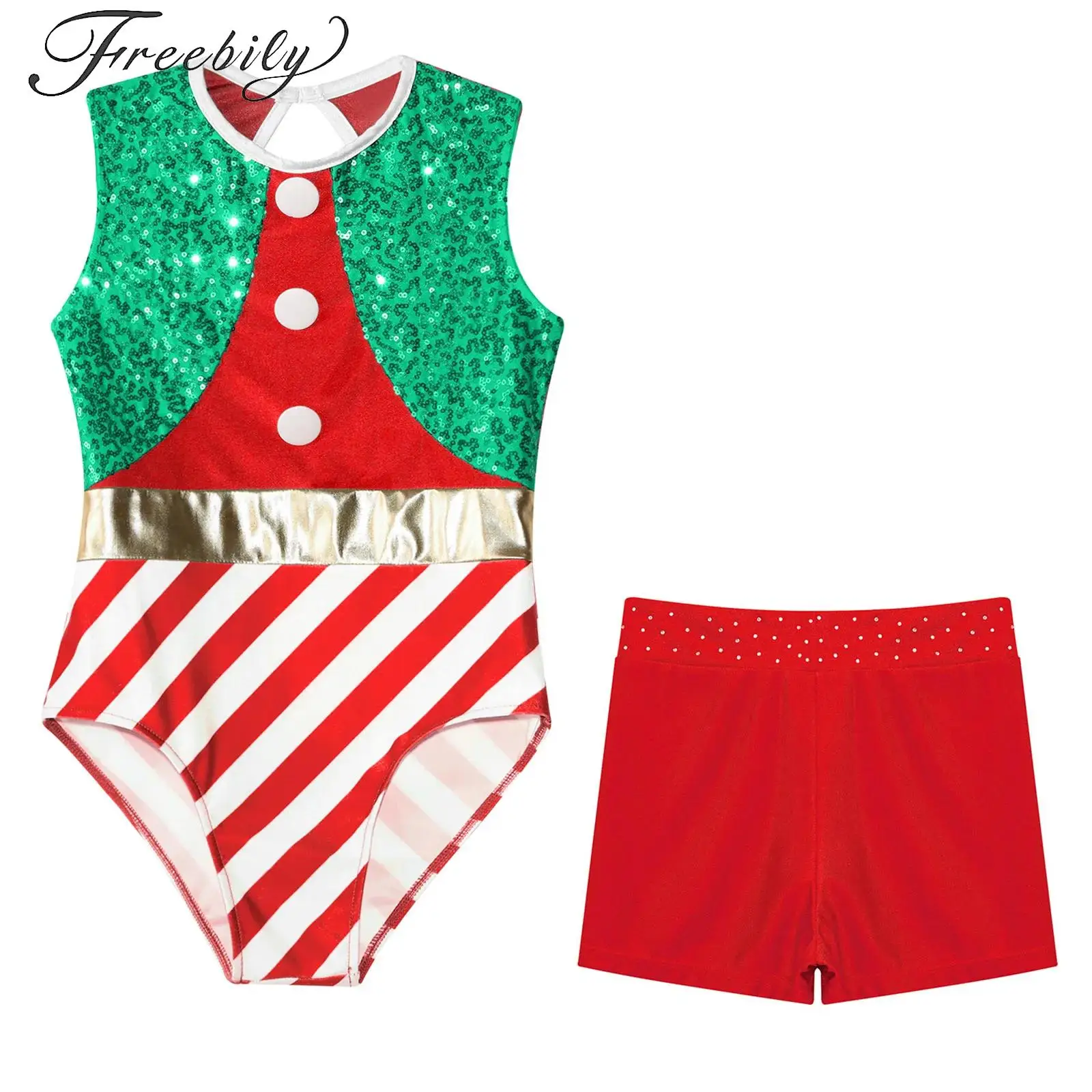 

Kids Girl Candy Cane Christmas Shorty Unitard Costume Sequin Striped Bodysuit Jumpsuit and Shorts Ballet Gymnastics Leotards Set