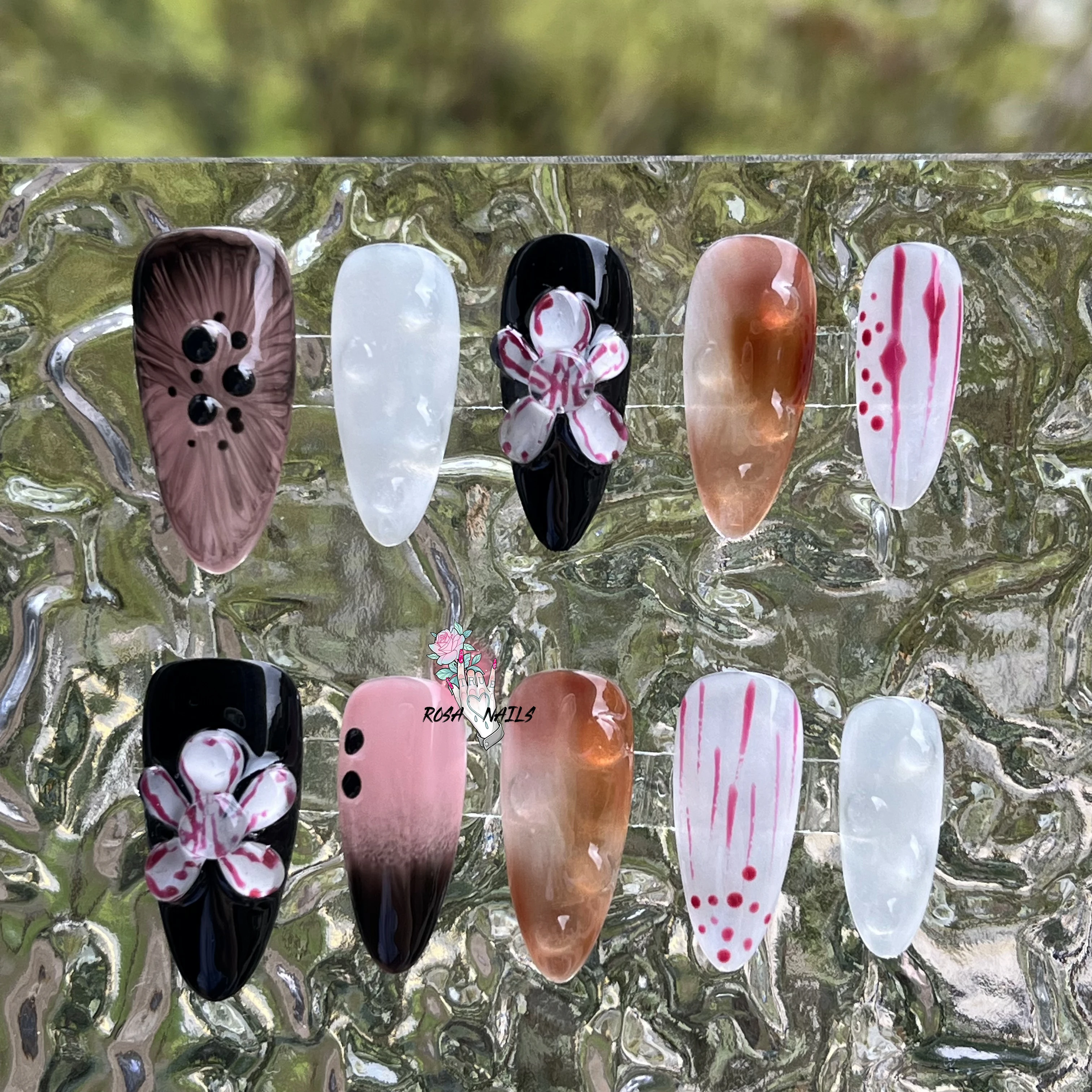 

10 шт., накладные ногти ручной работы, осенние цветы, черные накладные ногти во французском стиле, ручная роспись, розовые 3D цветочные дизайны, миндалевидные ногти, кончики
