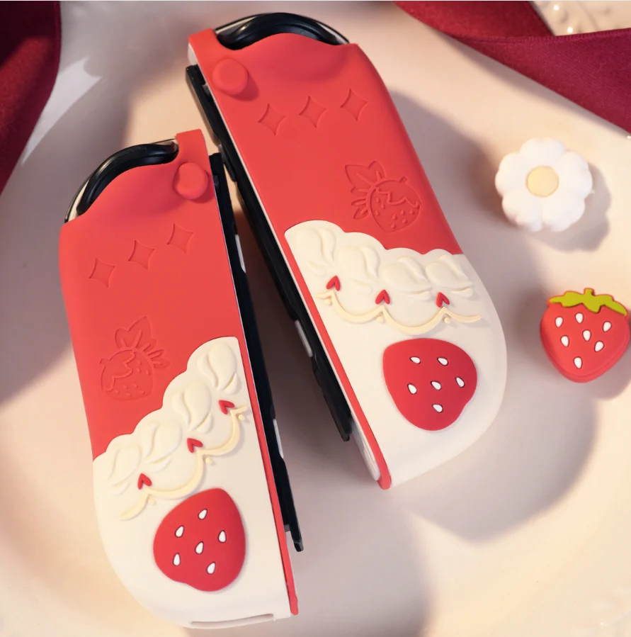 الفراولة الصلب الغطاء الخلفي شل حامي لنينتندو سويتش/Oled Joy-Con تحكم قبضة اليد ABXY أزرار سيليكون غطاء كامل