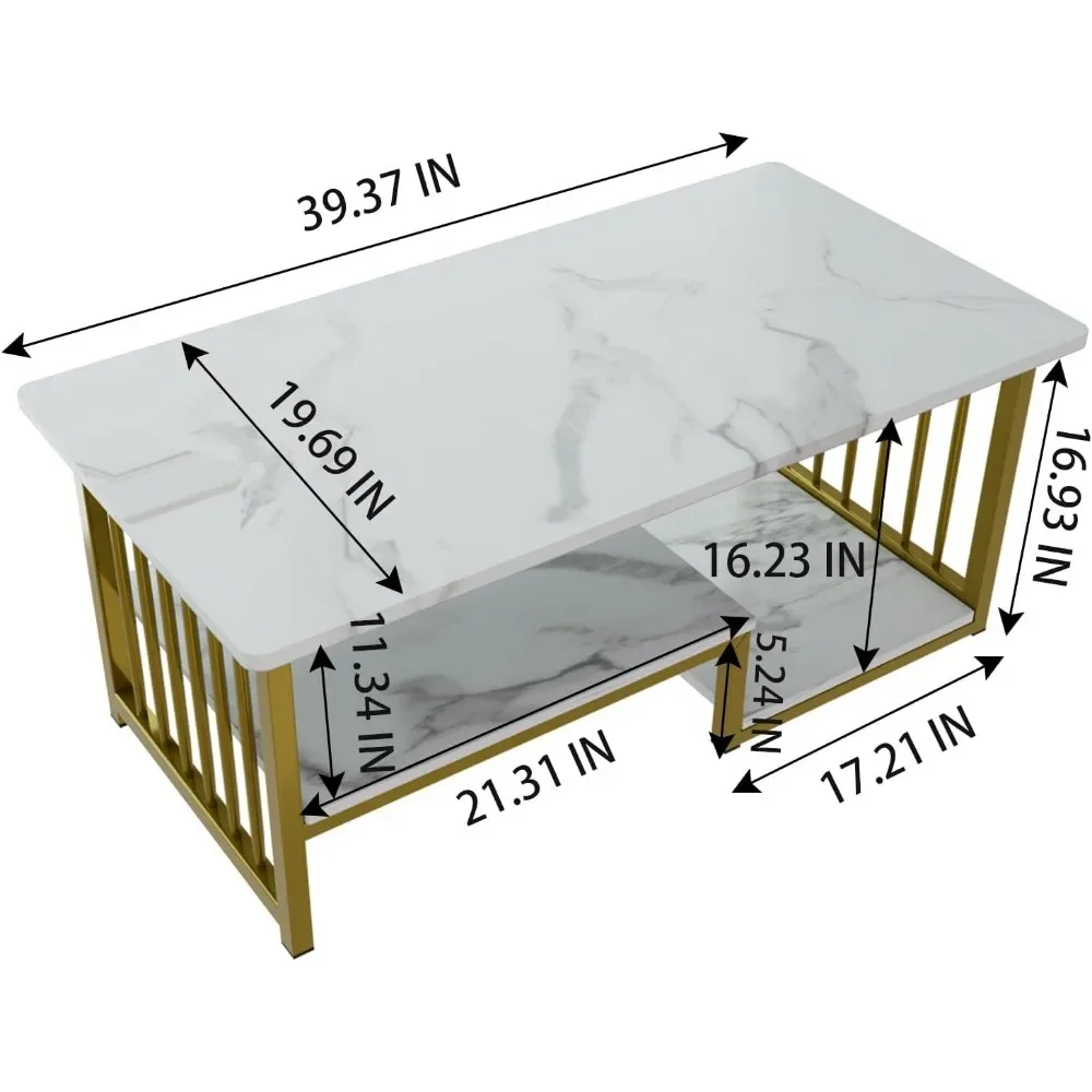 MOSHOU-Table basse en faux marbre blanc, 2 niveaux, grande table d'appoint rectangulaire avec étagère de rangement pour canapé en bois, tables basses