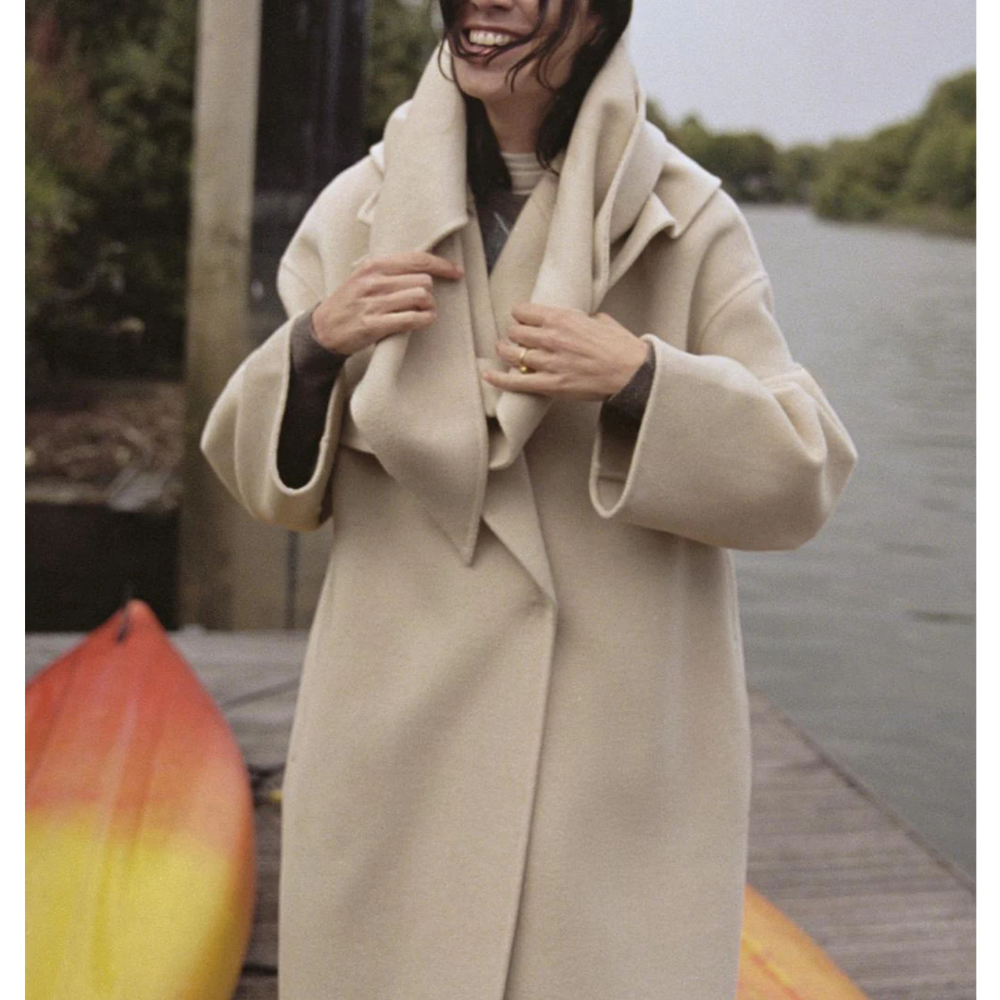 

Autumn New Women's Double-Breasted Button Collar Long Sve Coat Jaet Polyester Fiber 00% Faionable Outerwear