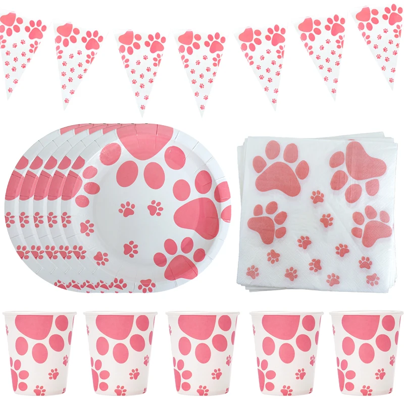 Pink Dog Paw Prints Disposable Tableware Set Puppy Themed Paper Plates Cups Napkins Pennants Baby Shower Birthday Party Decor