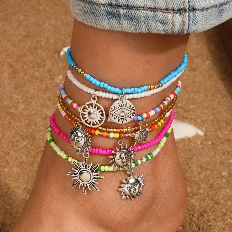 

7pcs Bohemian Handmade Beads Anklets for Women Girls Alloy Sun Moon Ankle Bracelet Summer Beach Holiday Jewelry Gifts