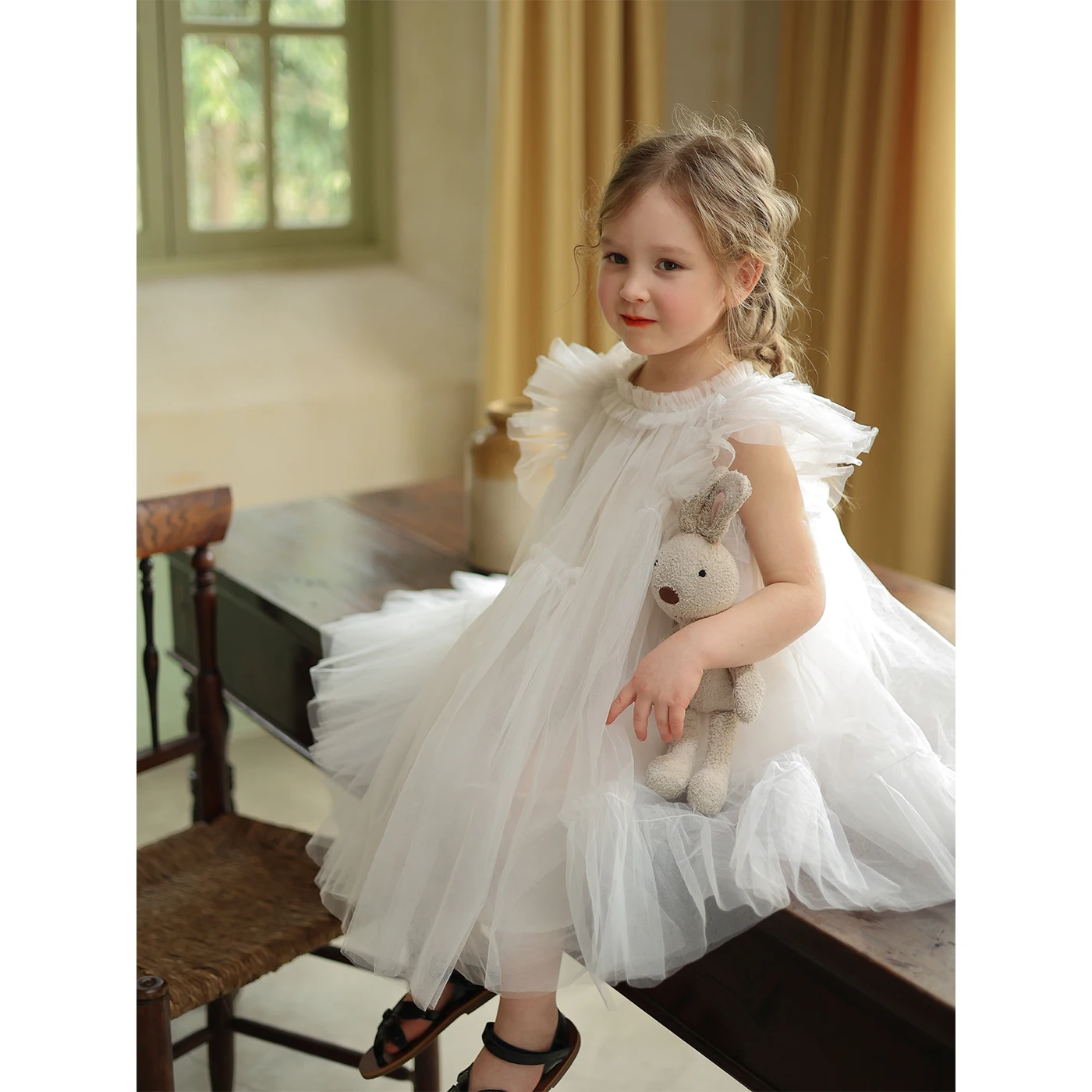 

Girls Casual Dresses Manual Splicing Fluffy Yarn Princess Summer New Childrens Clothing Soild Round Collar Lace Sweet