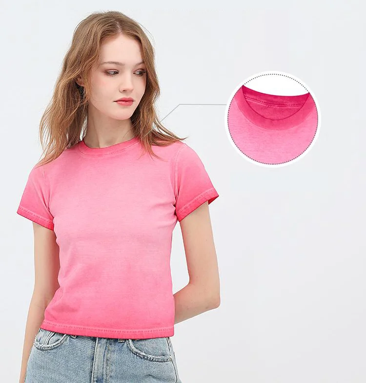 Female 240GSM Gradient Washed Custom LOGO Solid Slim  T-Shirt Soft Cotton Streetwear Casual Short Sleeve Cool Retro For Women image 5