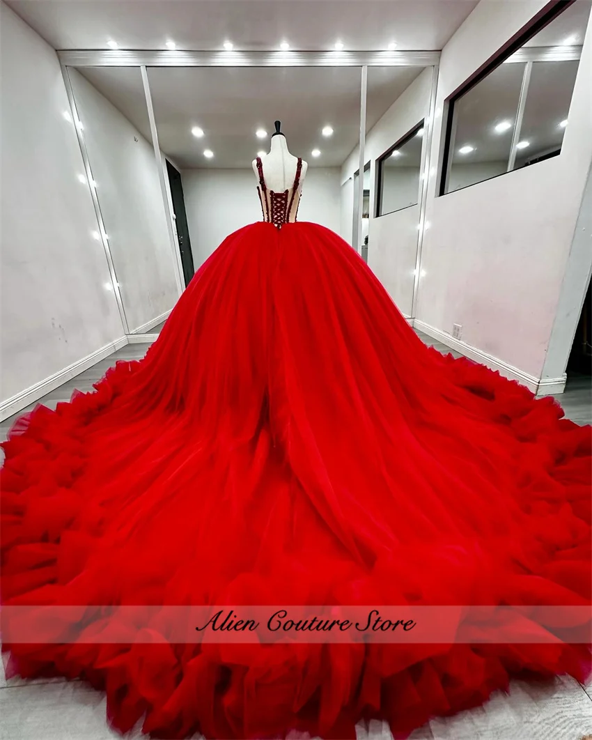 2024 Red Quinceanera Dress Ruffles With Beaded Crystal Corset Sweet 16 Birthday Party Formal Wear Dress Vestidos De 15 Años