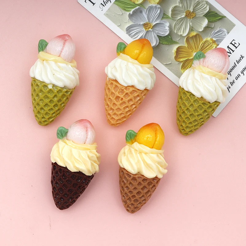 8/80pcs Peach Ice Cream Cone Resin Decor Imitation Snow Cone Miniature Food Play Resin Handicraft DIY Keychain Jewelry Material