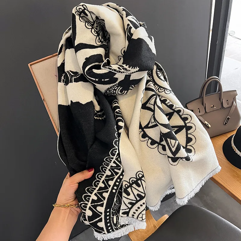 Fashion Houndstooth Warm Shawl Cashmere Scarf for Women Winter Design Blanket Bandana Lady Wraps Thick Pashmina Bufanda Poncho