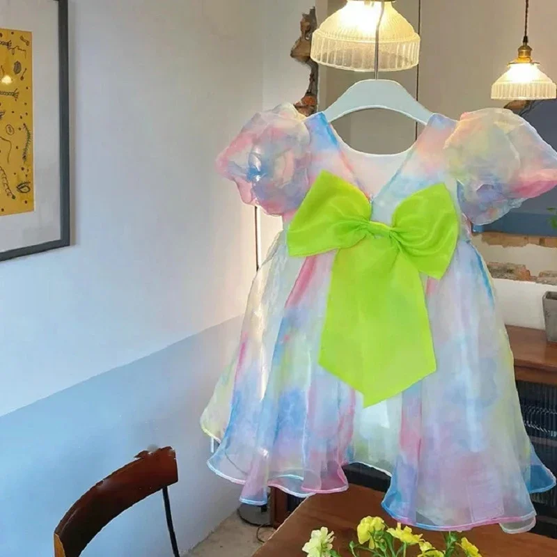 

Summer Girls Dress Children'S Clothing 2025 Baby Kids Cute Outfit Colorful Yellow Bow Mesh Puff Sleeve Princess Evening Vestidos