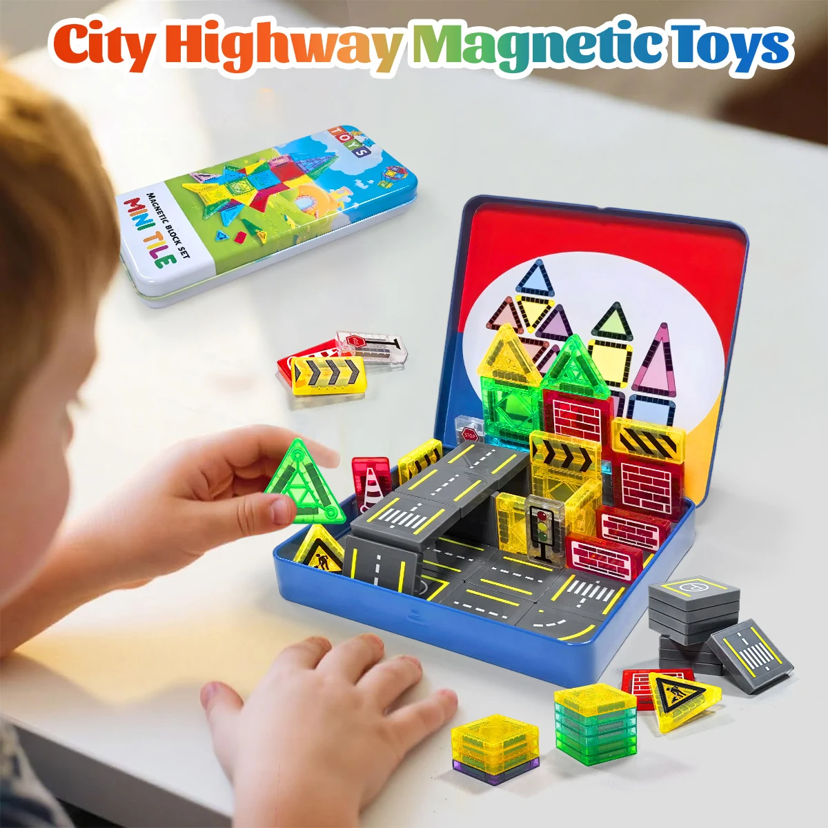 Magnetyczny zestaw do budowy drog dla dzieci, zabawki, magnetyczne klocki konstrukcyjne, zabawki edukacyjne Montessori, 32/58 elementów z metalowym pudełkiem.