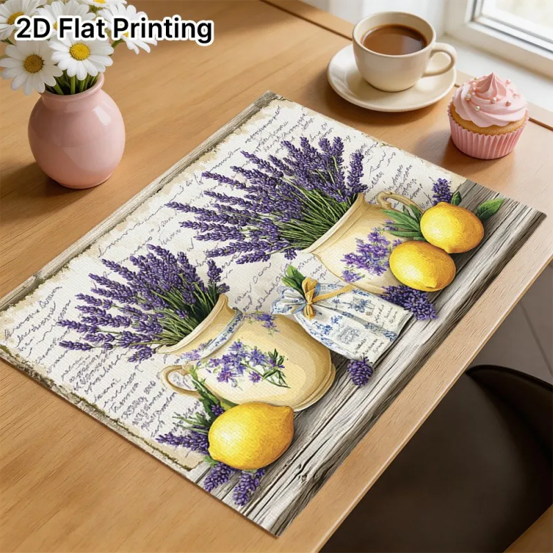 Wood Lavender Lemon Placemats,Washable Table Decor,Heat Insulation Protector for Farmhouse Breakfast Table,Cafe Countertop Use