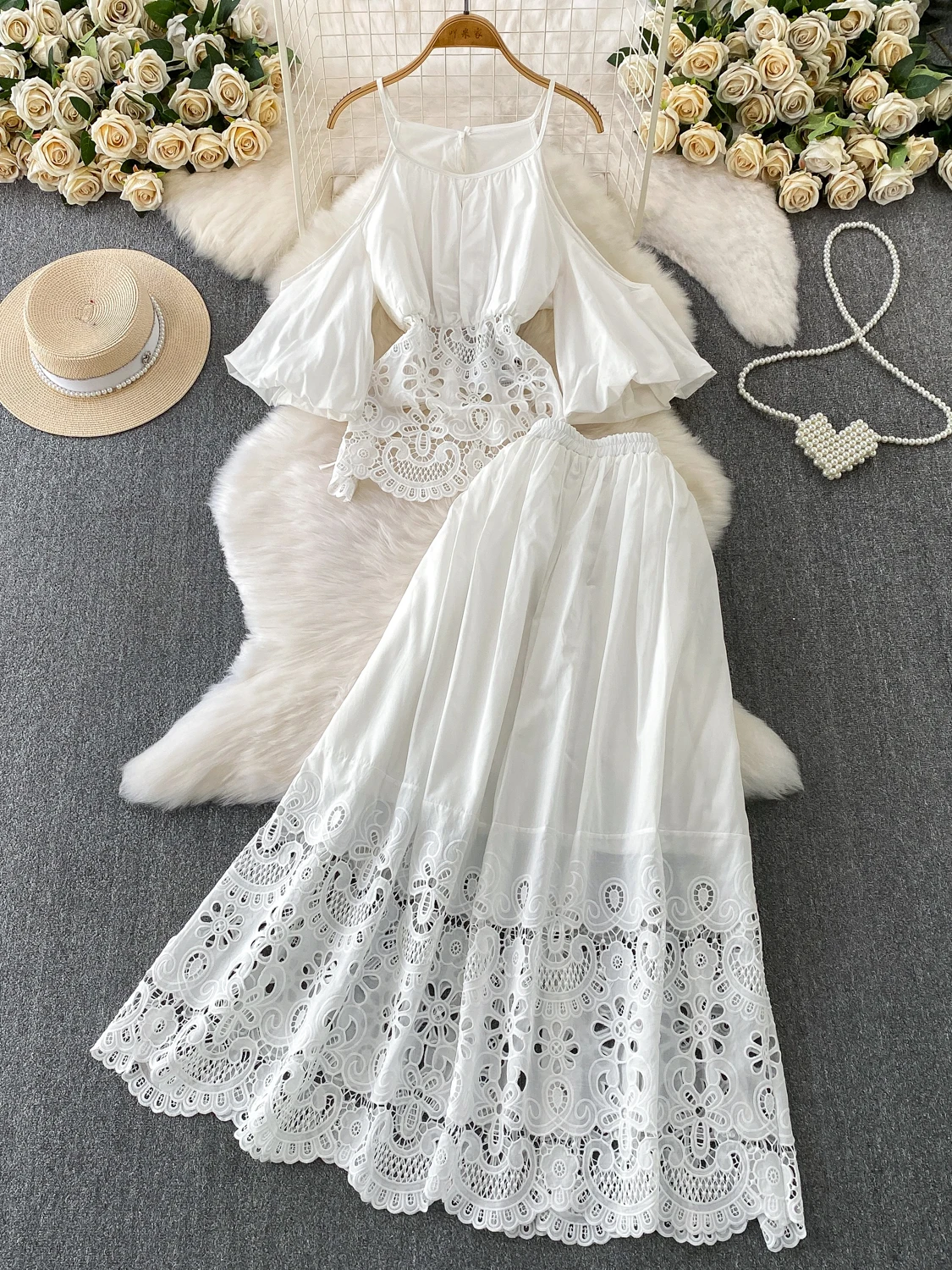 

Сексуальный дизайн irt с кружевными пышными подушками и ремешками, женский комплект из двух предметов средней длины, юбка с высокой талией, блузка Bubble Sve