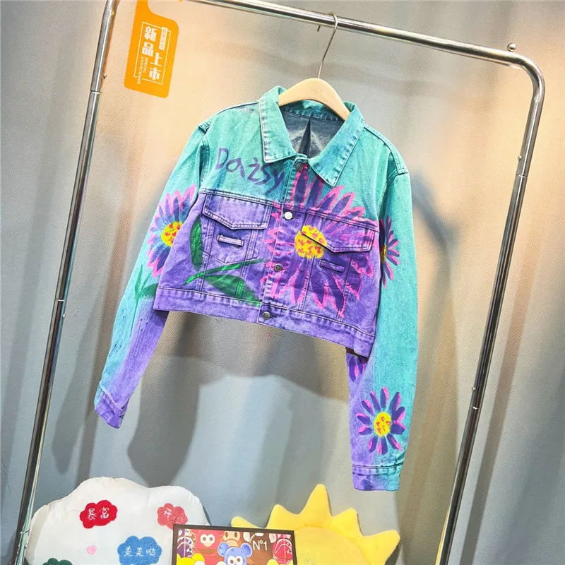 Spring Vintage Hand-painted Letter Graffiti Flowers Print Short Denim Jacket Streetwear Casual Lapel Long Sleeve Jeans Jackets