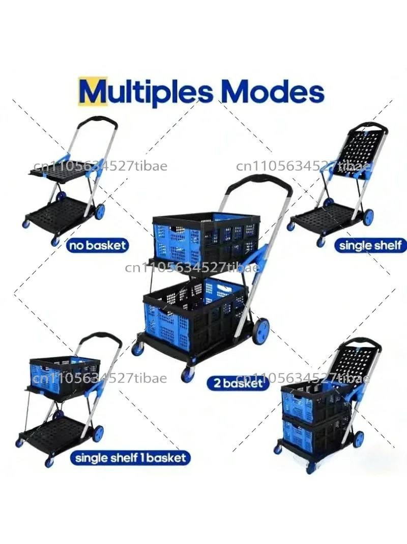 Multi Use Utility Cart 2 Tier Collapsible Shopping Trolley with Storage Baskets Rolling Cart