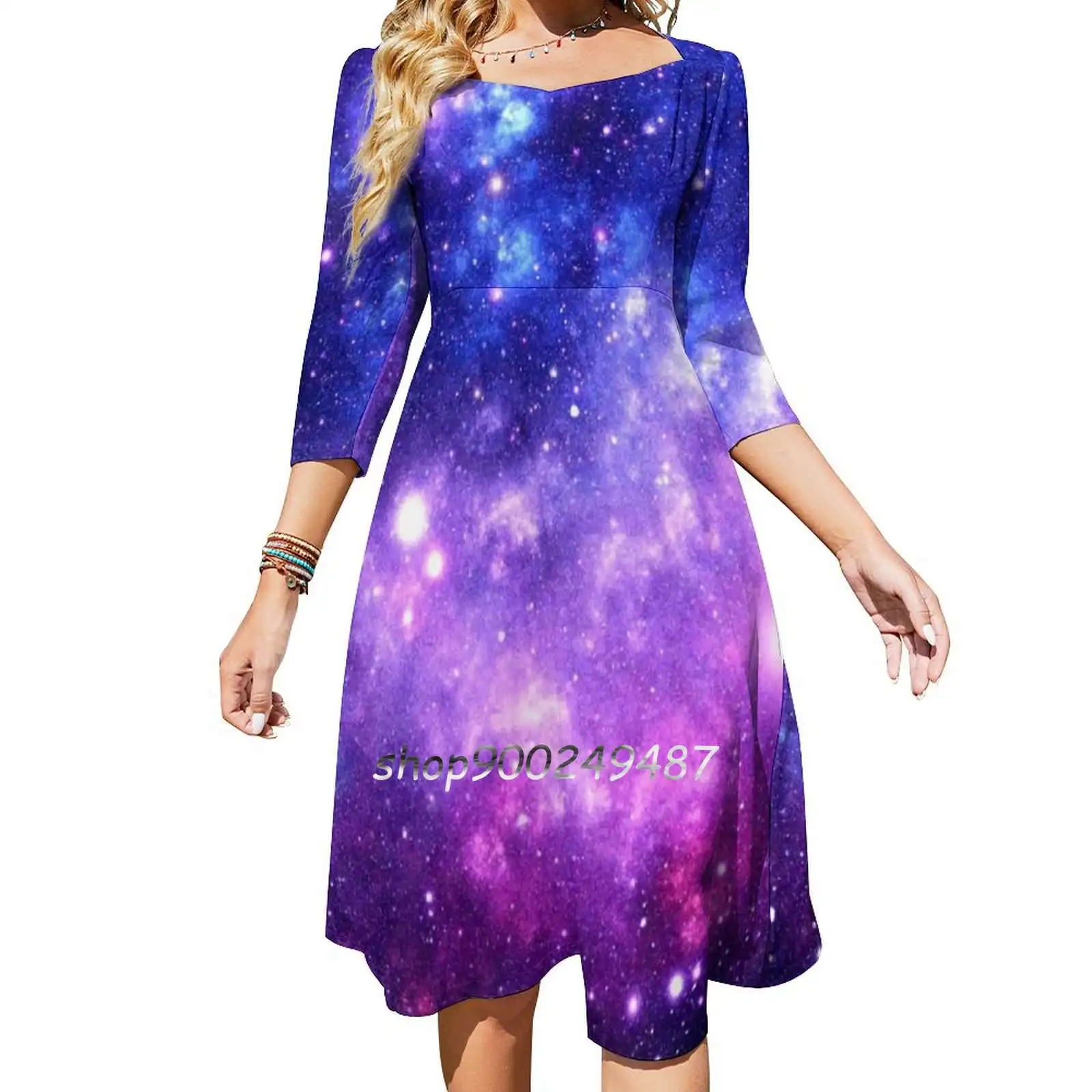 Purple Blue Galaxy Nebula Sweetheart Knot Flared Dress Fashion Design Large Size Loose Dress Purple Blue Indigo Fuchsia Magenta