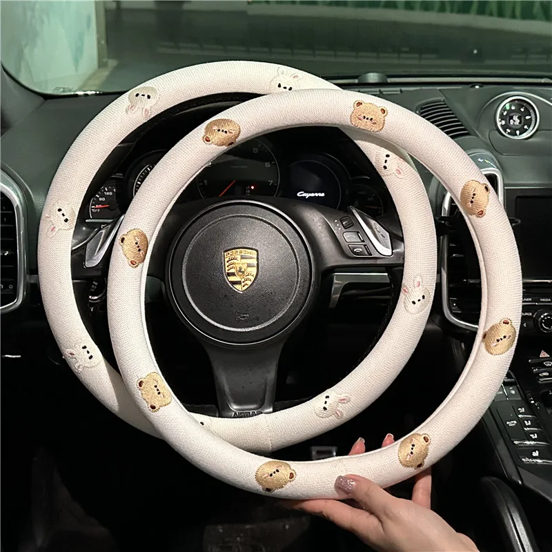 Cartoon car steering wheel cover cotton linen embroidered breathable car steering wheel cover cute non-slip steering wheel cover