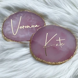 Personalized Resin Agate Coaster Gold Pink Bridal Bridesmaid Proposal Wedding Gift Gold Rim Coaster Jewelry Plate Slice