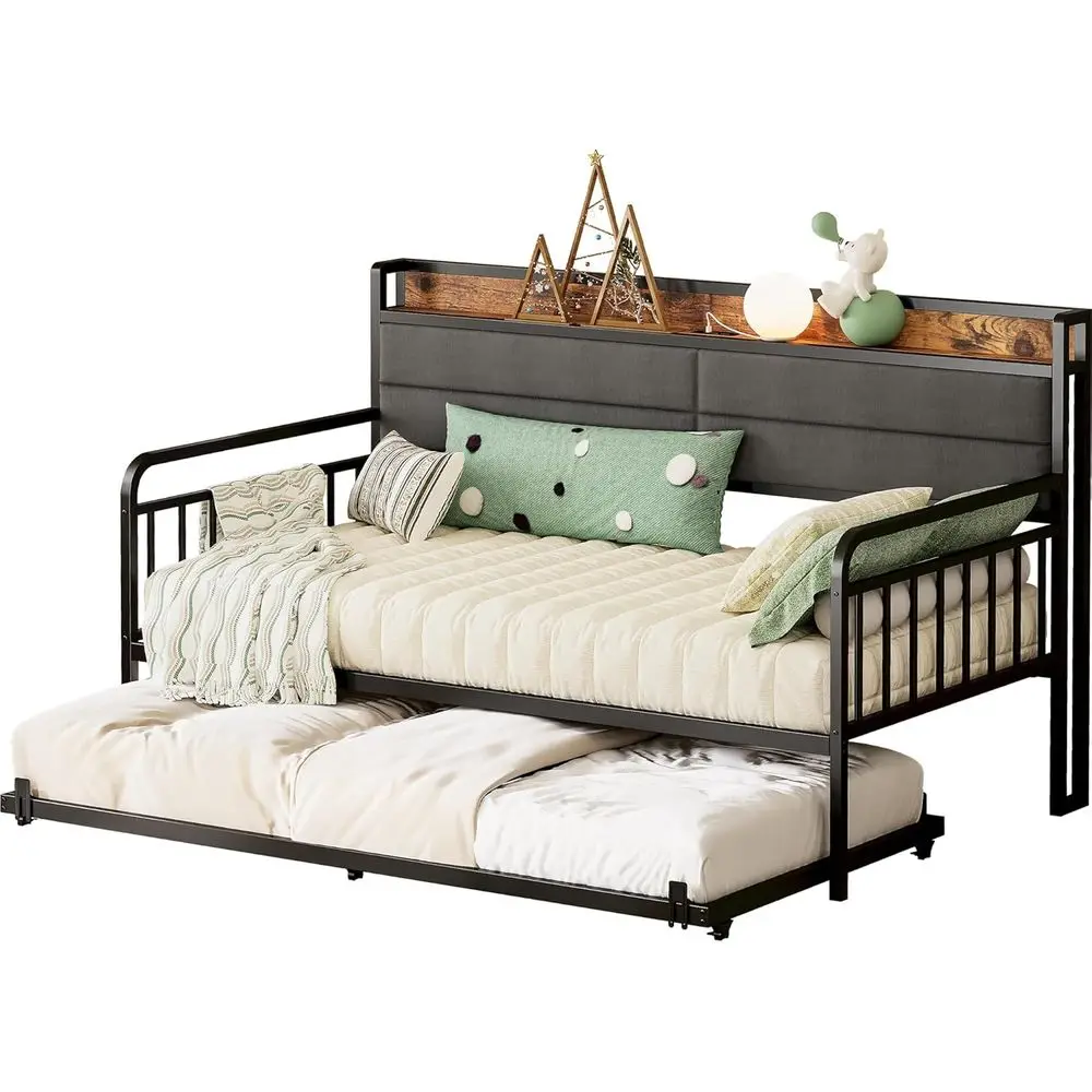 Twin XL Metal Daybed with Trundle, Upholstered and Charging Station, Ideal for Living Room, Bedroom, and Guest Room, Black