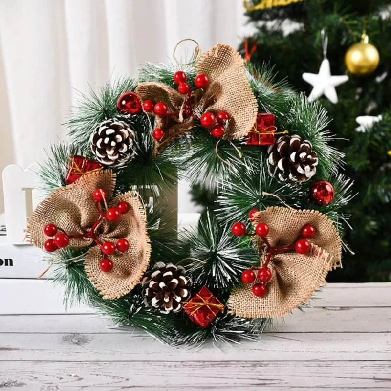 32cm Front Door Christmas Wreath With Christmas Pine Cone Pine Needle Snow Christmas Garland Hanging Wreath Decoration Ornament