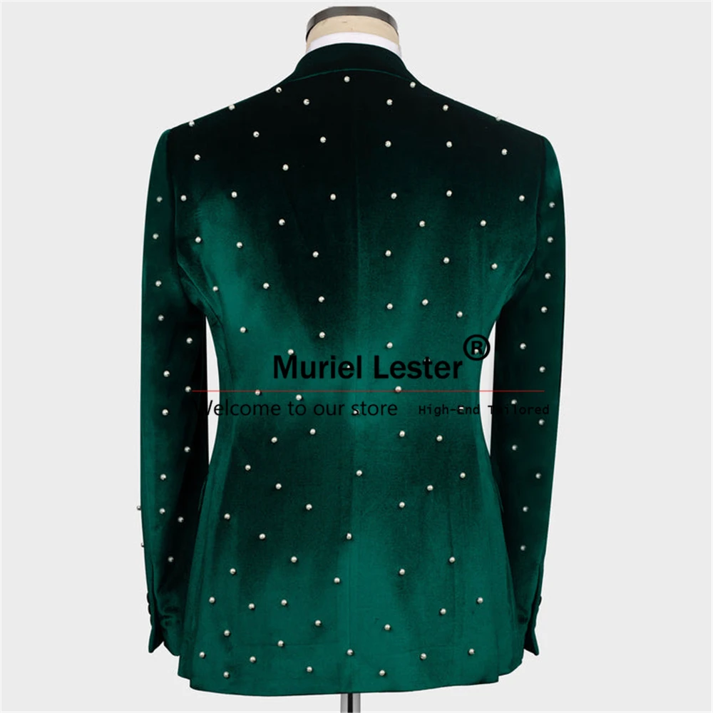 Handmade Pearls Suits Men For Wedding Green Velvet Prom Blazer Slim Fit Groom Tuxedos 3 Pieces Male Terno Masculinos Completo