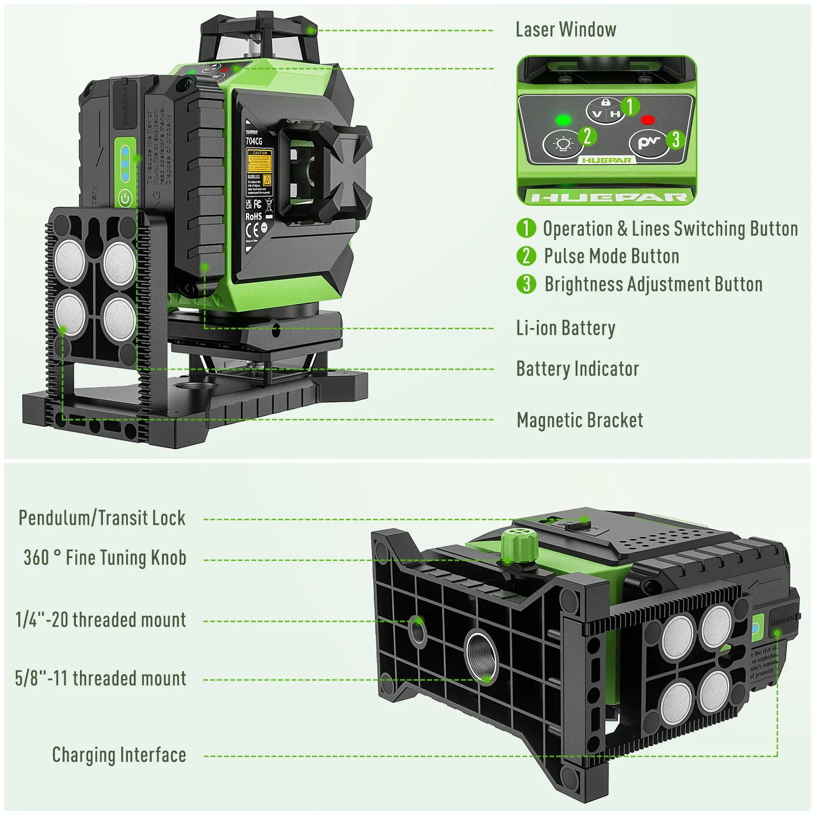 

Huepar 704CG Digital 4D 16-Line Laser Tool 360 Rotating Self-leveling Green Beam Laser Level With Hard Carry Case