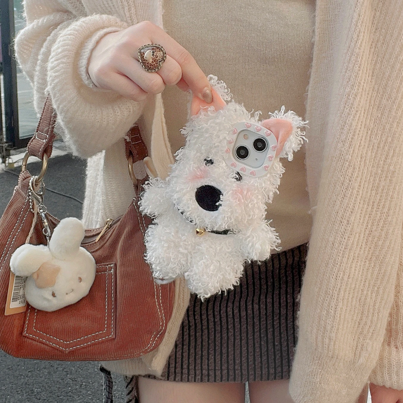 Cute Plush West Highland White Terrier Westie with Bell Pendant Phone Case for iphone 16 15 14 13 12 11 Promax CoverWinter Gift