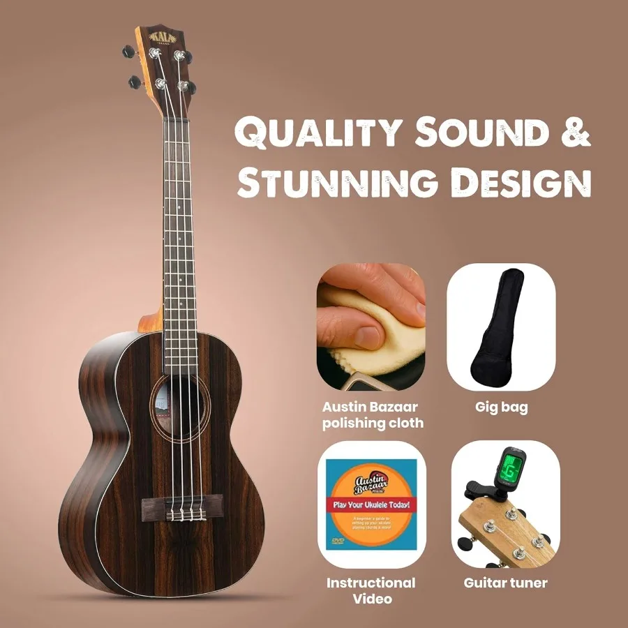KAZCTT Ziricote Tenor Ukulele Bundle with Gig Bag Tuner Austin Bazaar Instructional DVD and Polishing Cloth for Music Enthusias