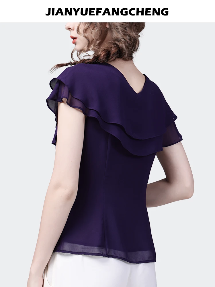 2024 Summer Women Short Sleeve V-neck Ruffle Chiffon Tops Elegant Slim French Style Female Purple Casual Office Blouses