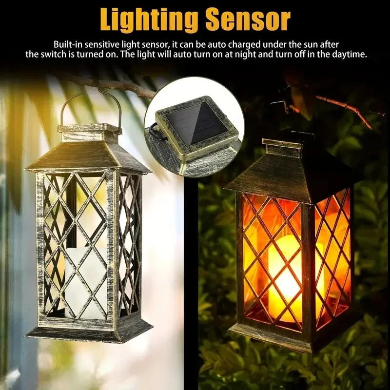Solar Powered Hanging Lantern, Vintage Flickering Flame Candle Light, IP65 Waterproof for Garden Patio Yard Decor