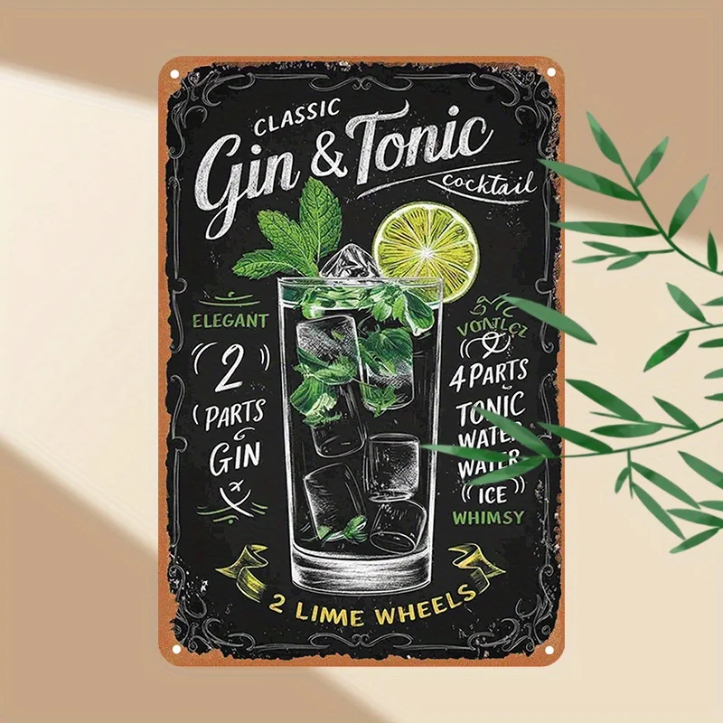 1pc Vintage Metal Tin Sign 30.48x20.32 cm - Classic Gin & Tonic Cocktail Recipe Wall Art with Chalkboard-Style Design, Durable I