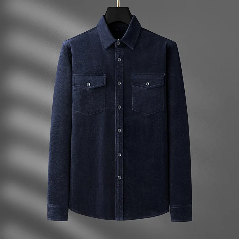 2025 Men's Spring and Autumn High Quality Texture Fashion Urban Retro Versatile Simple Solid Color Fleece Long Sleeve Shirt