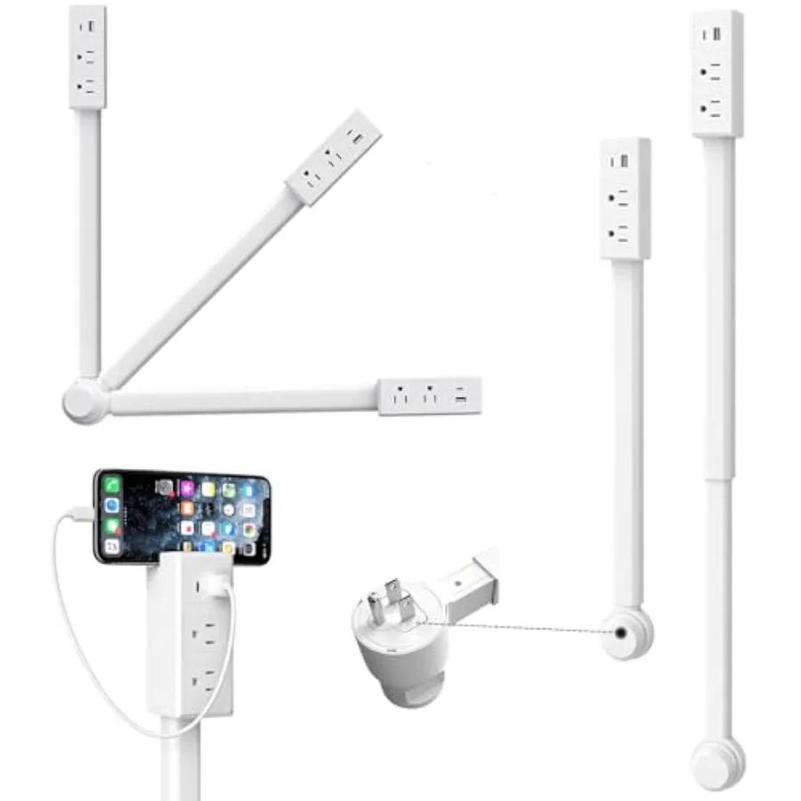 

Вращается на 180° ° Удлинитель электрической розетки с 2 разъемами AC, 1 USB-A и 1 Type-C, удлинитель для розеток 17-27 дюймов, для труднодоступных мест