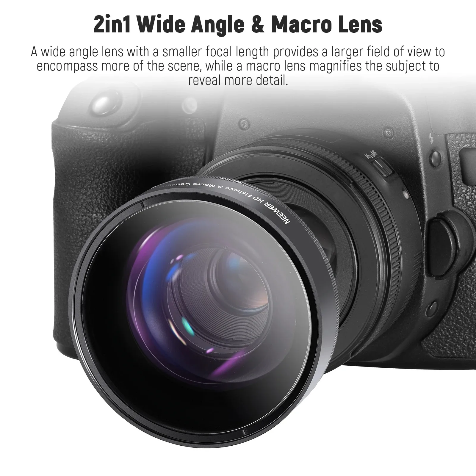 NEEWER 58mm 0.43X HD 2-in-1 Fisheye & Macro Lens Wide Angle 18mm Focal Length Glass for Canon for Nikon Fujiflim