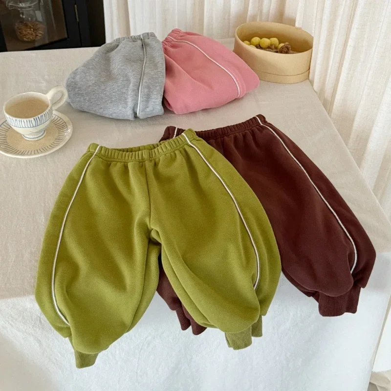 

Elastic Cotton Pants Toddlers 2025 Autumn New Fleece Lined Sweatpants Boys Girls Plain Color Casual Sports Trousers