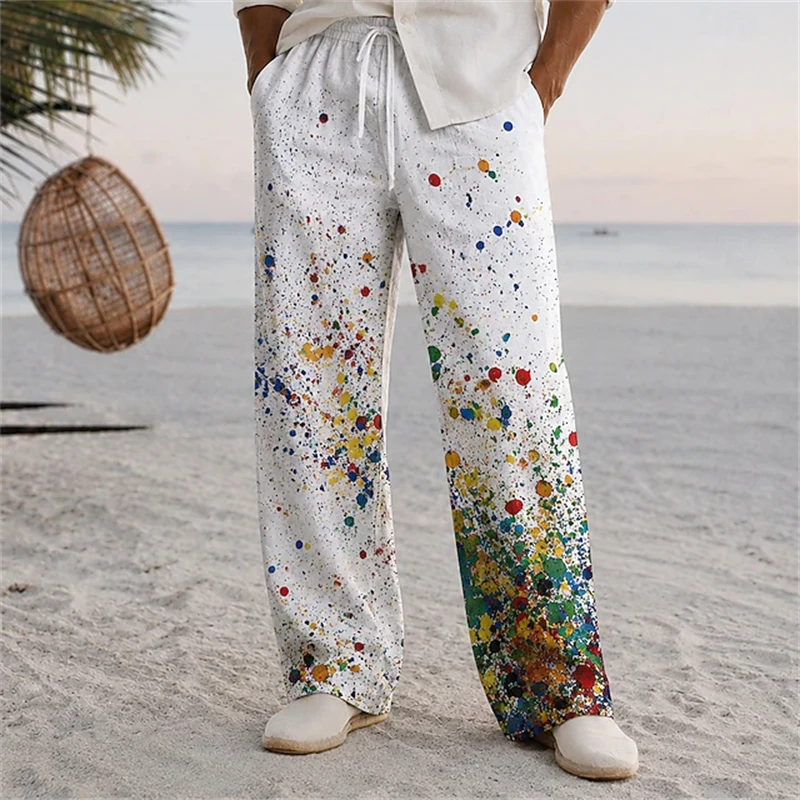 Men's Wide-Leg Pants with Colorful Abstract Graffiti Print Casual Trendy Pants Perfect for Everyday Wear and The Beach