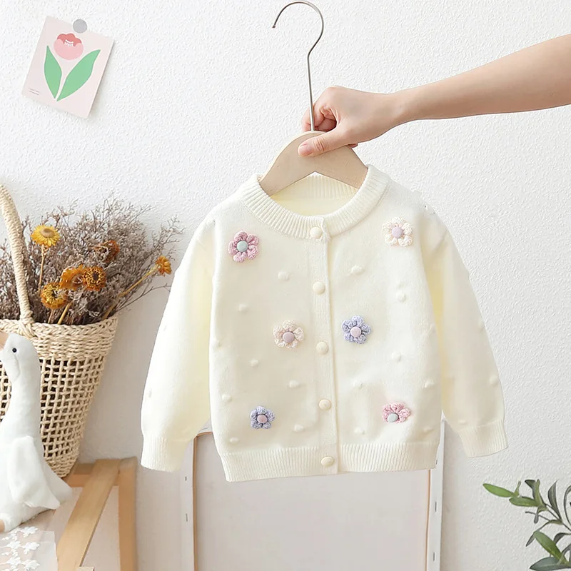 الخريف الشتاء الفتيات محبوك سترة سترة زهرة طويلة الأكمام قمم جولة الرقبة البلوز معطف مريح ملابس الأطفال #3