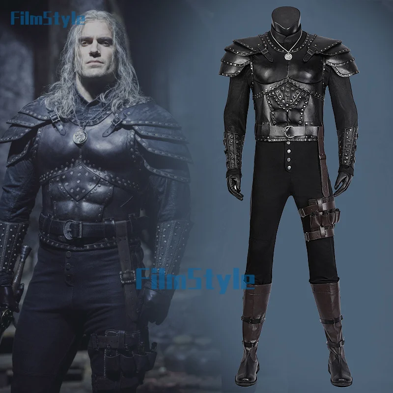 Men Witcher Cosplay Costume Adult Super hero Wizard Armour Outfit Black Leather Sorcerer Hunter Suit Halloween Carnival Costumes