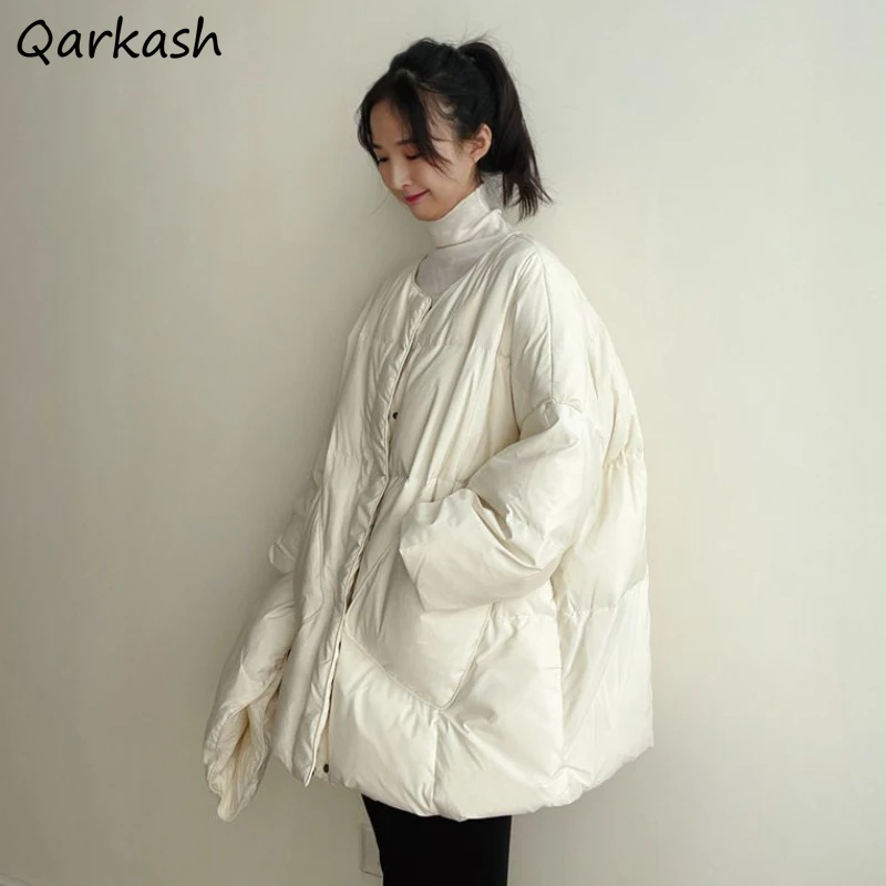 

White Parkas Winter Women Big-Pockets Baggy Designer Clothes Pure Color Minimalist All-match Thick Cozy Gentle Girlish Students