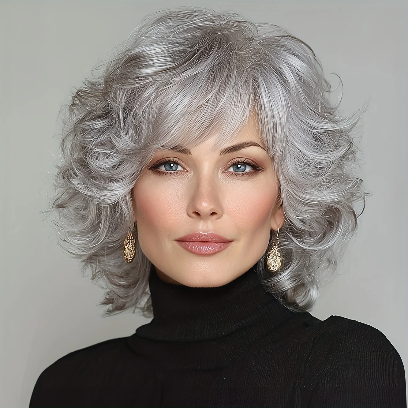 12inch Women's Elegant Gray Curly Hair with Bangs, Synthetic Fiber Wig Rose Hairnet High-Temperature Fiber