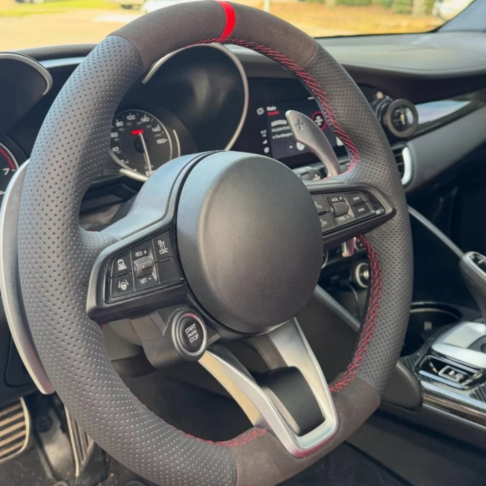 Custom DIY Car Steering Wheel Cover Giulia Stelvio Suede Car Interior Accessories Suede Steering Wrap Cover For Alfa Romeo