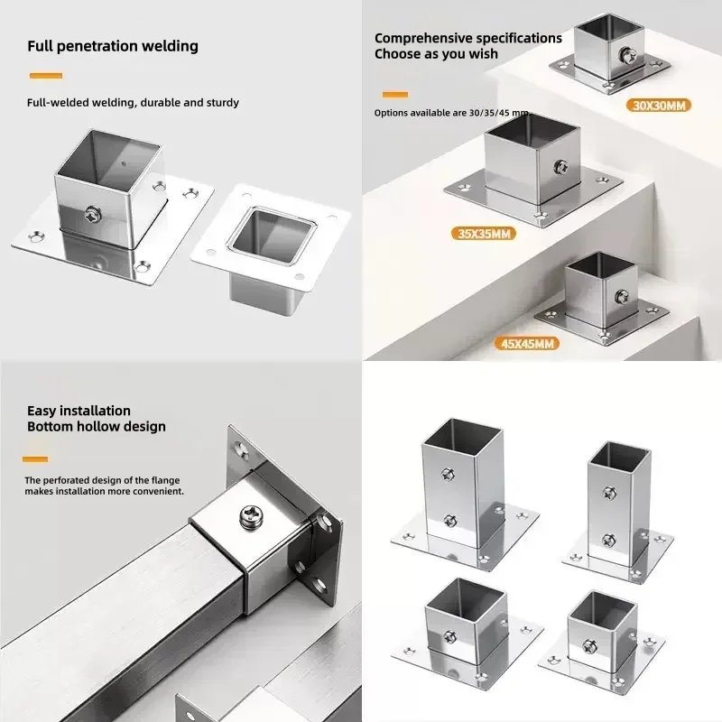 2PC Stainless Steel Flanged Base Square Pipe Connection Durable Fence Support Column Clamping Fixture 20/25/30/40mm