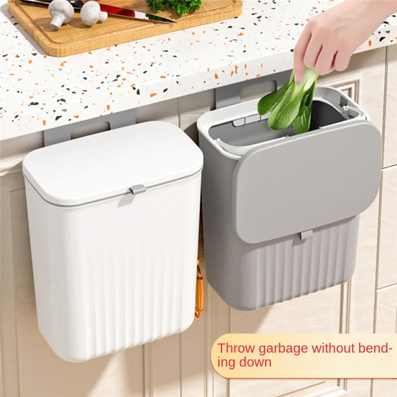 

L74A Kitchen Trash Can Household Cabinet Door Hanging Sliding Cover Storage Bucket Trash Can Wall-Mounted Trash Can Green