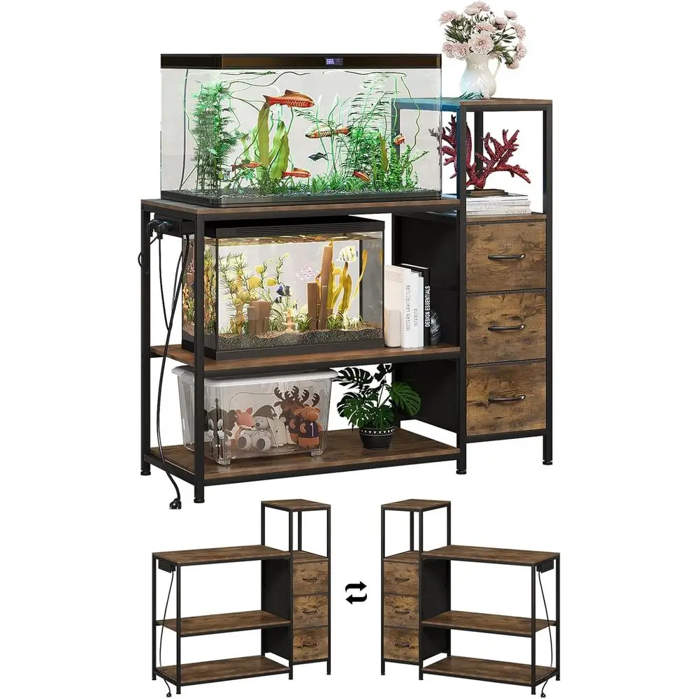 

Heavy-Duty 20 Gallon Fish Tank Stand with 3 Drawers, Metal Frame, Adjustable Height, 3-Tier Storage, and Power Outlets
