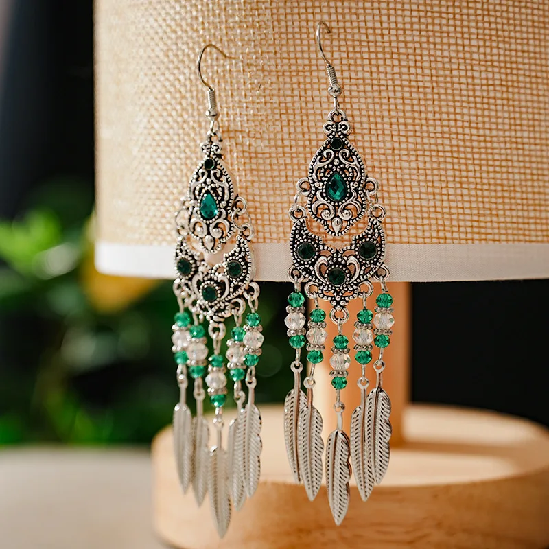 Boho Vintage Leaf Tassel Earrings For Women Geometric Crystal Rhinestone Beads Handmade Beach Vacation Drop Dangle Jewelry Gift