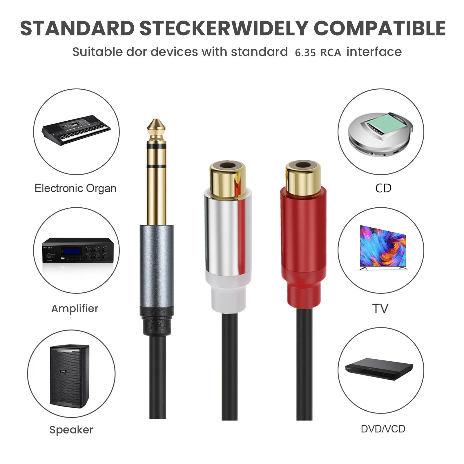 6.35 mm to 2RCA Cable Gold Plated  6.35mm 1/4 inch Male TRS to Stereo 2 RCA Female Splitter Audio Adapter Cable 6.5 mm