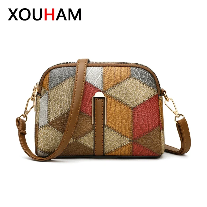 XOUHAM Color Block Torby na ramię dla kobiet w stylu narodowym Podwójny zamek błyskawiczny Crossbody Torba damska PU Skórzany portfel Modne torebki