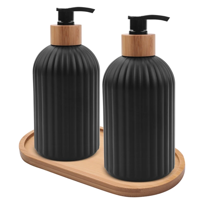 14Oz Glass Soap Dispenser With Wooden Tray, 2 PCS Hand And Dish Soap Dispenser Set, Kitchen Bathroom Farmhouse Decor